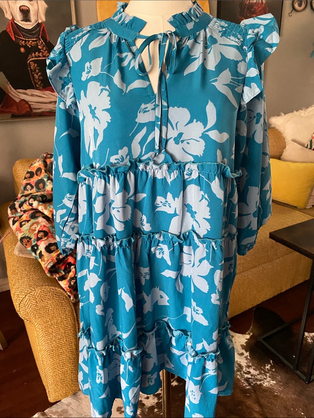 Blue & Light Blue Floral Tiered Ruffle Dress